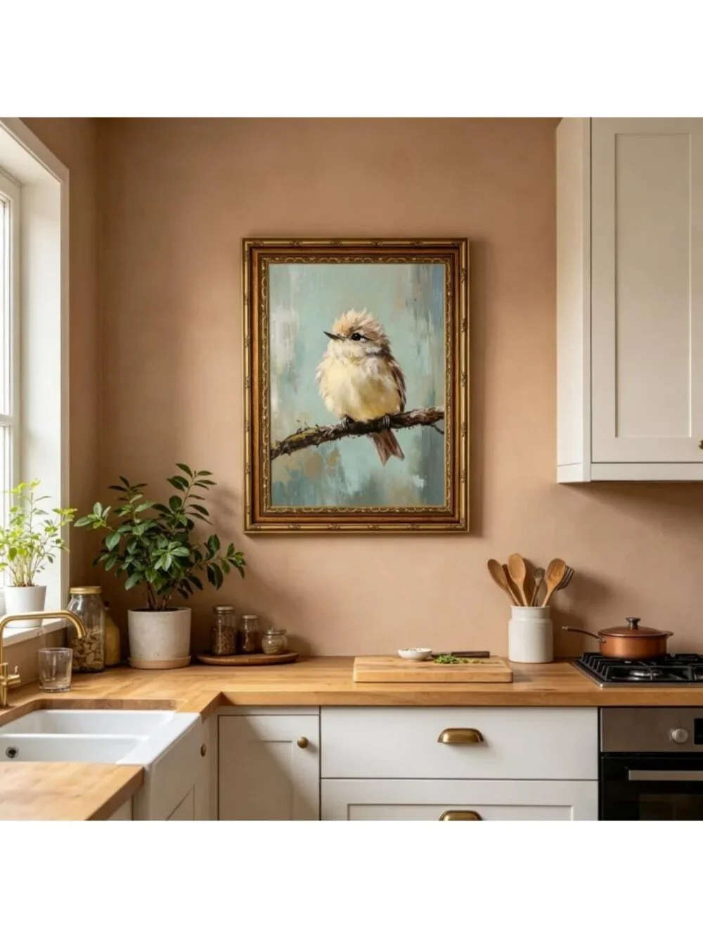 Vintage Gold Framed Bird Canvas Art - Beige Sparrow Wall Decor for Home